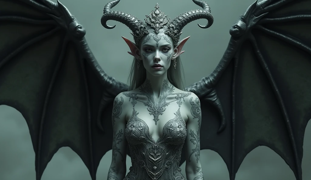 Top quality, masterpiece, pale skin (bloodless), face and silver tattoos, female demon wearing fancy and intricate clothes, western ancient fancy kingdom interior background, expressionless, wearing a silver crown, detailed image texture, creepy, scary, creepy atmosphere (not AI image), cloudy weather, low color image, creepy, delicate skin expression, rough texture image, image viewed from various angles, black wings, rough skin