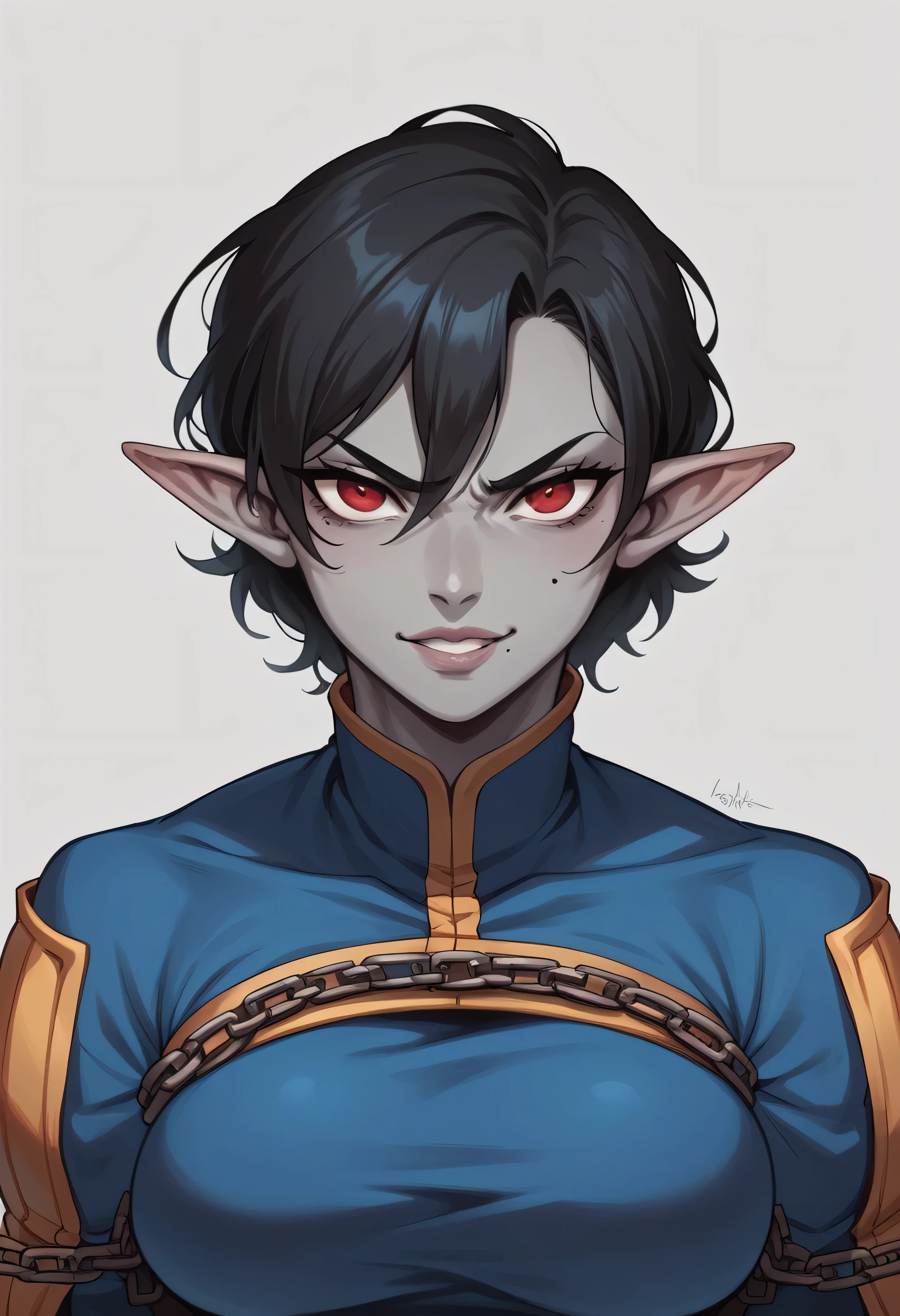 {4k image}, 1 Beautiful female humanoids, gray skin, pointed ear, black hair, red eyes, athletic build,blue prisoner outfit, she is chained, perverted look , busty, wide lips, 1 mole, smile,manga lineart (with colors), {face view}, {centered image}, dark, angry look ,top view