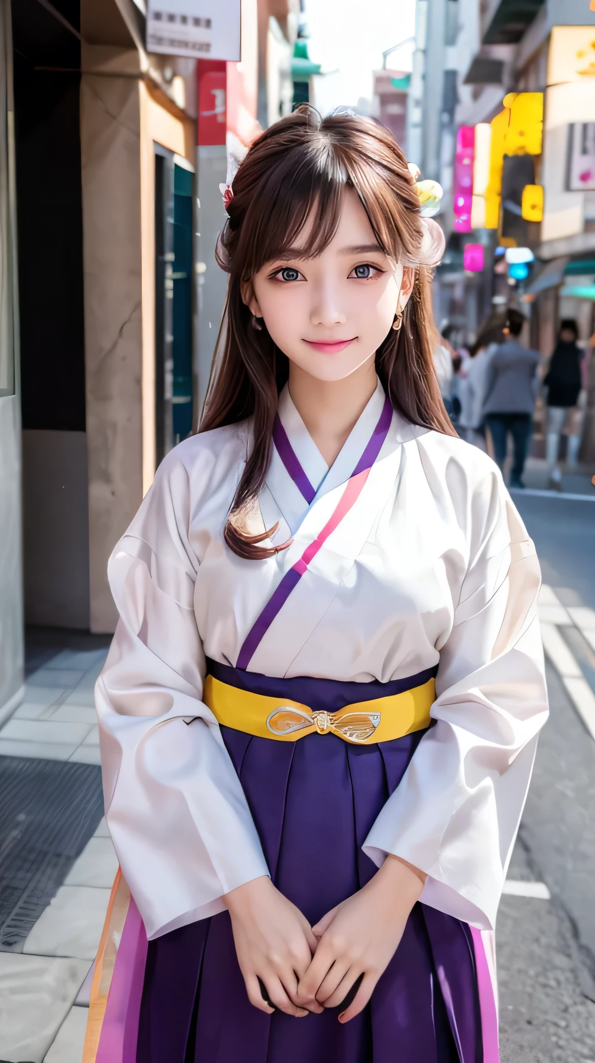 (Very beautiful cute girl), (very cute face:1.2),16 yo, (sparking crystal clear attractive large eyes), beautiful detailed eyes, Detailed double eyelids, (smiling), (realistic photograph:1.2), beautiful hanbok,Super shiny red yellow blue green pink purple colored hanbok,beautiful hanbok,costume traditionally worn by Korean women,Korea style,Brown hair, korean Chimajeogori, Costume lighting,in the street