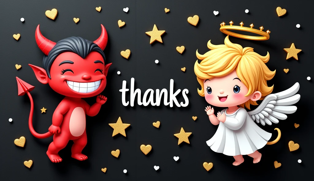 chibi, kawaii, cute, a devil with a wicked smile and an angel with a kind smile, with the word "Thanks" written between them, background black construction paper, golden hearts and shooting stars scattered all over