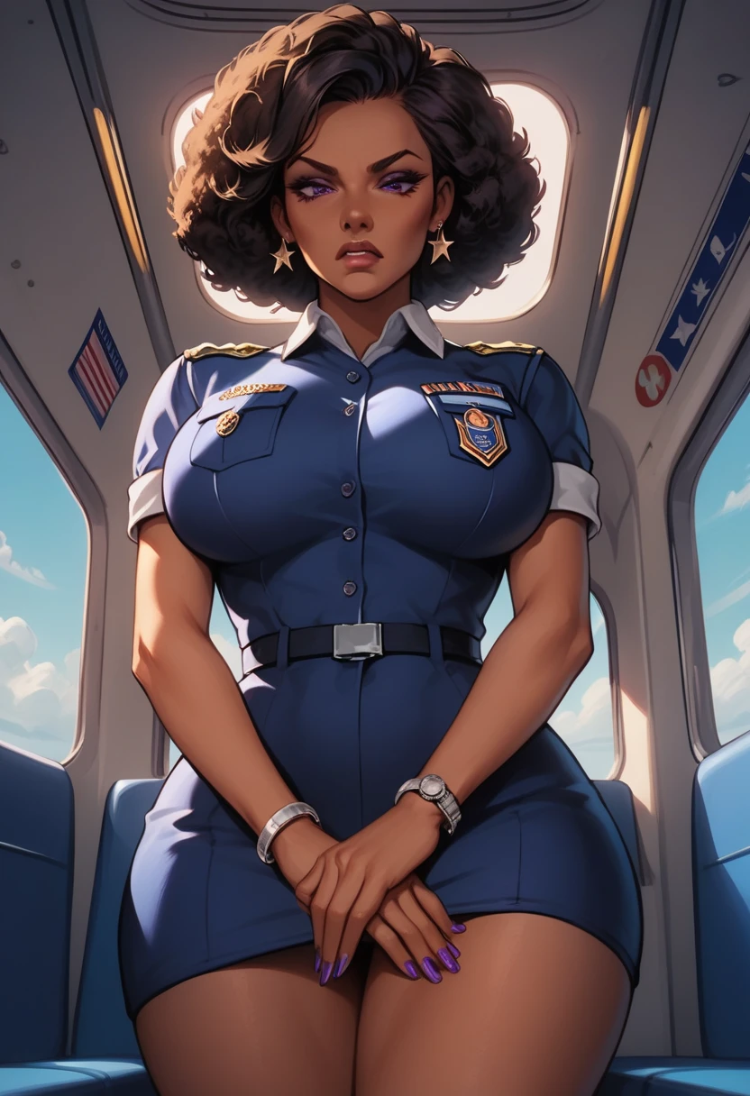 (masterpiece), Expressive eyes, perfect face, 1women, commercial airline, background passengers, full flight, flight attendant, stewardess, bitch face, African American, dark skin, long eye lashes, short afro hair, flight attendant uniform, inside, airplane interior, sky, cloud, thick thighs, huge breasts, disgusted expression, looking down at viewer, looking down, POV from right, hands crossed, grossed out, purple eyes, purple nails