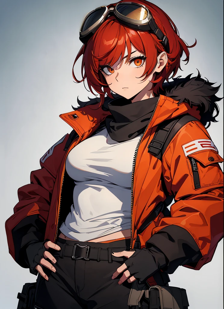 best quality, ultra-high resolution, depth of field:1.2), solo, adult, 1woman, toned body, big breasts, wide hips,front view, perfect face, portrait, expressive eyes, Female, girl with (goggles on head:1.2) female, meduim breasts,lady_nagant, short hair, red hair,orange eyes,red jacket with black details, ( white fur jacket: 1.2),winter clothes, white t-shirt, ((gray baggy cargo pants)), black military boots ((small details in red))