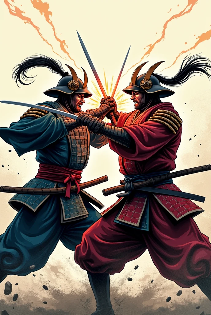 A samurai striking another samurai in the chest in manga style