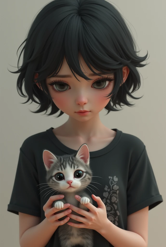 A melancholic-looking 3D girl, with short, wavy hair, black in color. Her skin is fair and she wears a black short-sleeved shirt with a stone pattern.. with a thoughtful expression. She is holding an American Shorthair kitten..