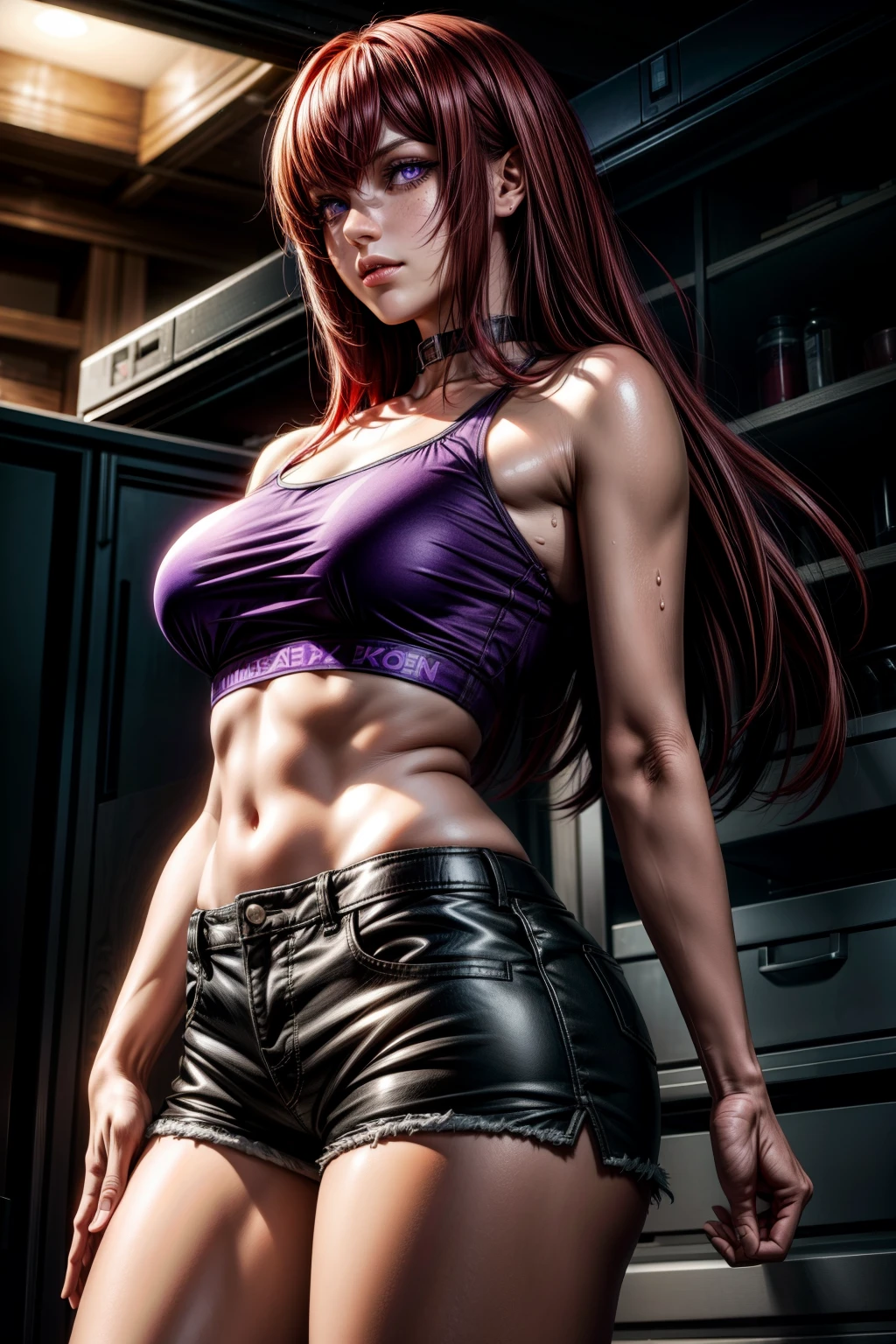 kurisu makise, choker, (red hair:1.4), (purple eyes:1.5), long hair, (small breasts:1.2), thicc thighs, curvy hips, tanlines,
BREAK, (large shorts:1.4), (sports top),
BREAK looking at viewer, night, (sweaty body), ((smirk)), (sweaty:1.3), (from below), (frontal view), side view,
BREAK (masterpiece:1.2), best quality, high resolution, unity 8k wallpaper, (illustration:0.8), (beautiful detailed eyes:1.6), extremely detailed face, perfect lighting, extremely detailed CG, (perfect anatomy), 