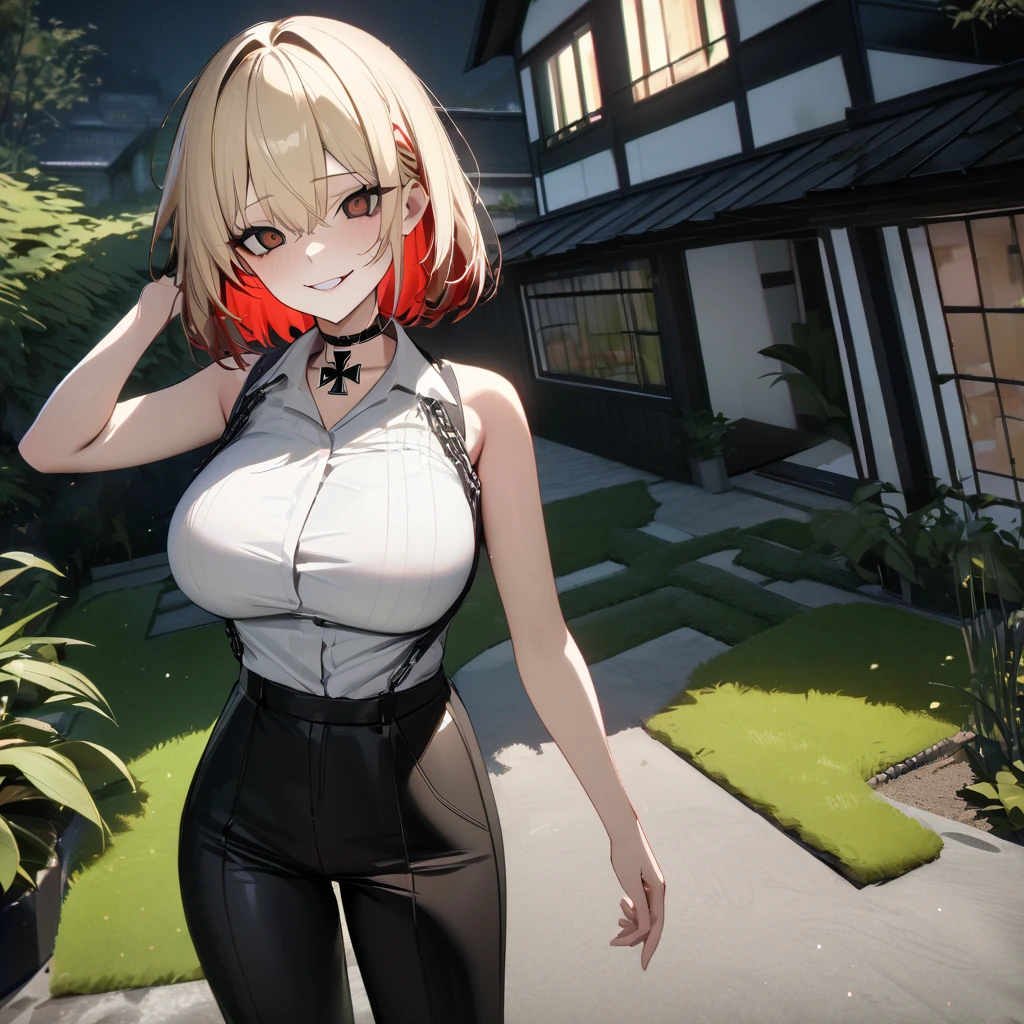 A woman wearing a white sleeveless shirt, casual black pants, pants with a chain, an iron cross around her neck, standing posture, big breasts, blonde hair, short hair, red bangs in her hair, psychotic smile, evil smile, brown eyes, multi-colored hair, outside a modern house, garden around, place at night with lighting, wide garden view with trees and plants, perfect face, yandere, scary smile, perfect smile, perfect lips, brown eyes, perfect eyes, (Azur_lane, KMS_Roon)UHD, masterpiece, textured skin, super detail, high quality, best quality, 8k, highres, accurate.