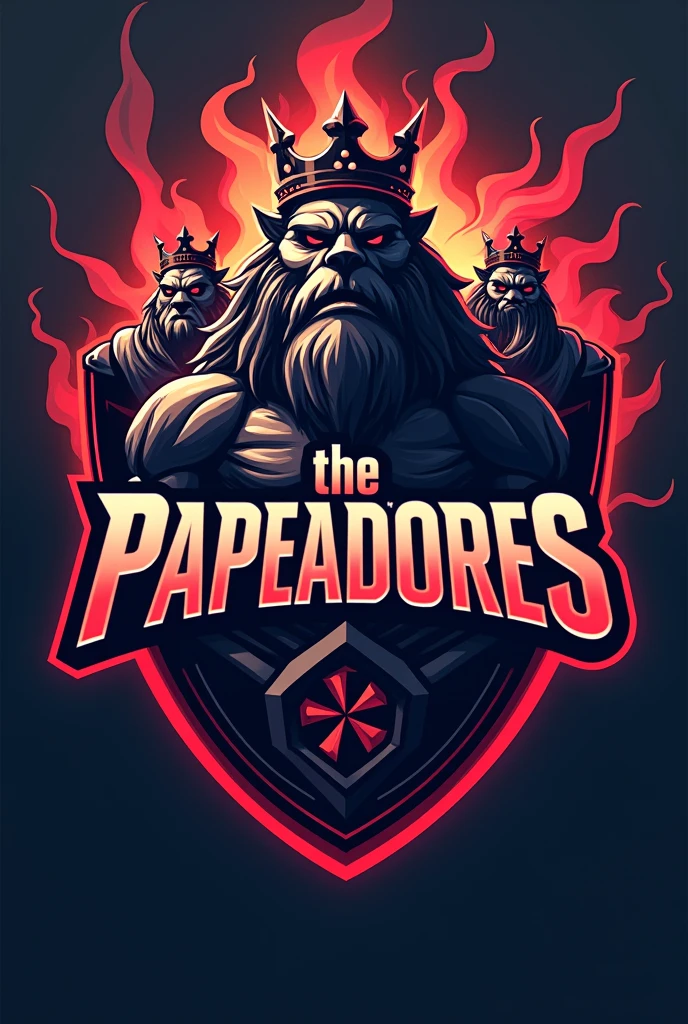 Create a shield for an eSports team, it has to be gigachads with crowns and the text has to say "The Papeadores"
