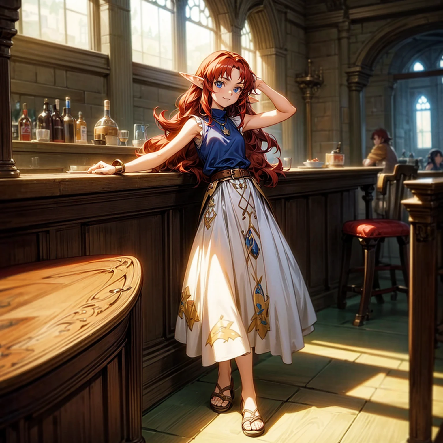 Solo character, full body version, kid girl, (elf), blue eyes, red color hair, long Curly hair, sleeveless t-shirt , long skirt, sandals, indoor, bar, village, medieval, standing gesture, detailed background, detailed clothing, detailed hair, (Makoto shinkai style art), happy eyes 