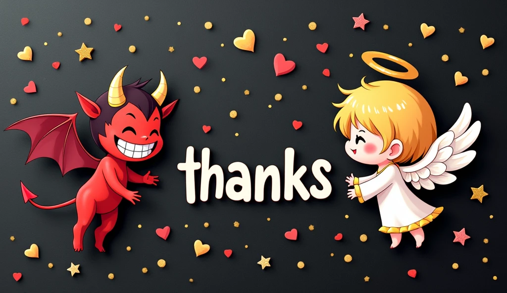 chibi, kawaii, cute, a devil with a wicked smile and an angel with a kind smile, with the word "Thanks" written between them, background black construction paper, golden hearts and shooting stars scattered all over