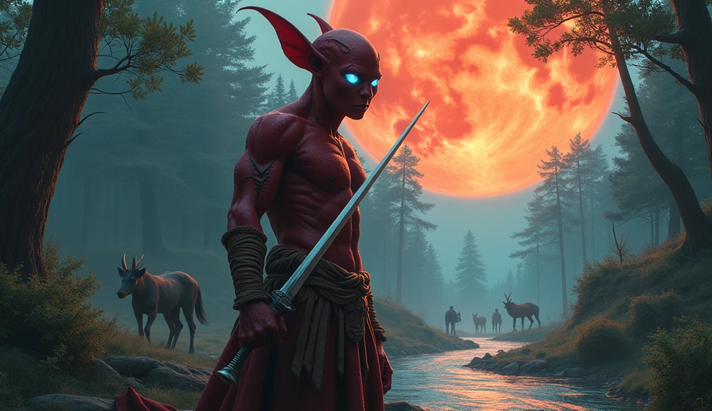 Avatar with red skin, white iridescent and shining eyes, holding a white weapon in hand raised in front of the face, covering the face as if protecting from shrapnel, in a forest environment with a large dark orange moon, a river on the left with crystal clear water reflecting the moon, some quadruped animals with short fur, and some people seen from the back in front of the camera, the avatar with pointed ears and shining eyes, standing in the distance from men in military clothing