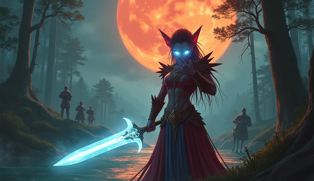 Avatar with red skin, white iridescent and shining eyes, holding a white weapon in hand raised in front of the face, covering the face as if protecting from shrapnel, in a forest environment with a large dark orange moon, a river on the left with crystal clear water reflecting the moon, some quadruped animals with short fur, and some people seen from the back in front of the camera, the avatar with pointed ears and shining eyes, standing in the distance from men in military clothing