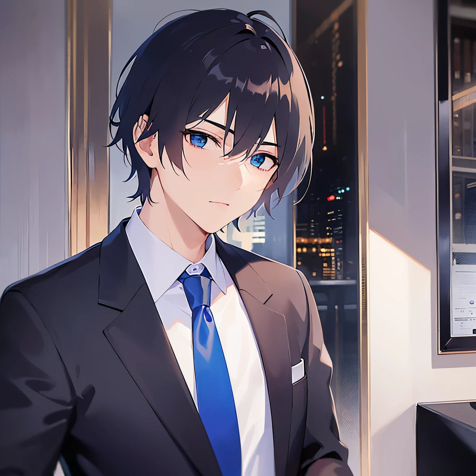 （looking away:1.5）side ungle,shiny skin, masterpiece、Highest quality、
(2 male:1.5) and (Black short hair) and (blue eyes), 
 (Wearing a suit:1.5) and (Blue tie)、
Serious、The background is the conference room、（alone:1.5）