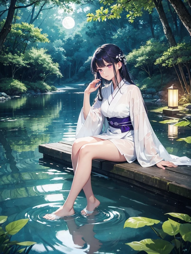 A beautiful elegant woman in a White kimono, sitting by a calm lake under a night sky, her purple eyes gazing out over the still water, the moon casting a gentle light through the thick canopy of trees surrounding the lake, shadows dancing across the water creating an otherworldly reflection, the woman serenly dipping her toes into the cool water, enjoying the cold touch against her skin in the moonlit brightness, in a vibrant, water color-style painting