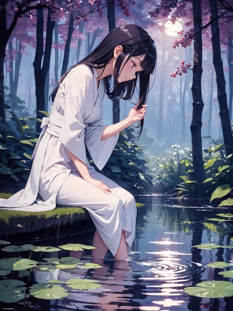 A beautiful elegant woman in a White kimono, sitting by a calm lake under a night sky, her purple eyes gazing out over the still water, the moon casting a gentle light through the thick canopy of trees surrounding the lake, shadows dancing across the water creating an otherworldly reflection, the woman serenly dipping her toes into the cool water, enjoying the cold touch against her skin in the moonlit brightness, in a vibrant, water color-style painting