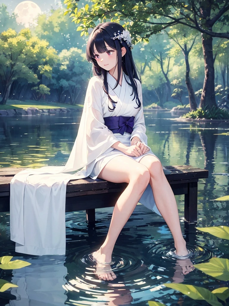 A beautiful elegant woman in a White kimono, sitting by a calm lake under a night sky, her purple eyes gazing out over the still water, the moon casting a gentle light through the thick canopy of trees surrounding the lake, shadows dancing across the water creating an otherworldly reflection, the woman serenly dipping her toes into the cool water, enjoying the cold touch against her skin in the moonlit brightness, in a vibrant, water color-style painting