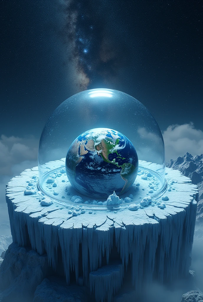 Flat Earth with ice borders like a wall around the edges and a transparent dome. Background scenery like a galaxy full of stars