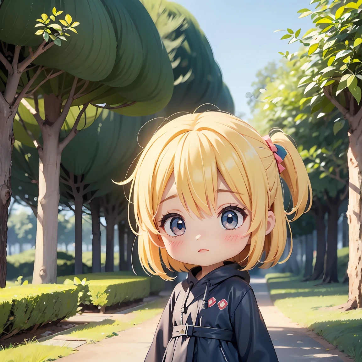 Super Chibi Character:1.8、Blonde Hair、Cute girl、Cute Costumes、Super Chibi Character:1.8、Hiding in a utility pole