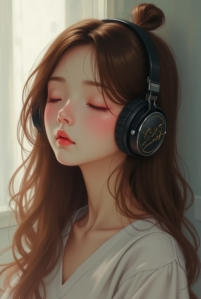 One girl, solo, High resolution, Simple Background, Close your mouth, Impressionism, masterpiece, headphone、Listening to music、Brown Hair, Ahoge,