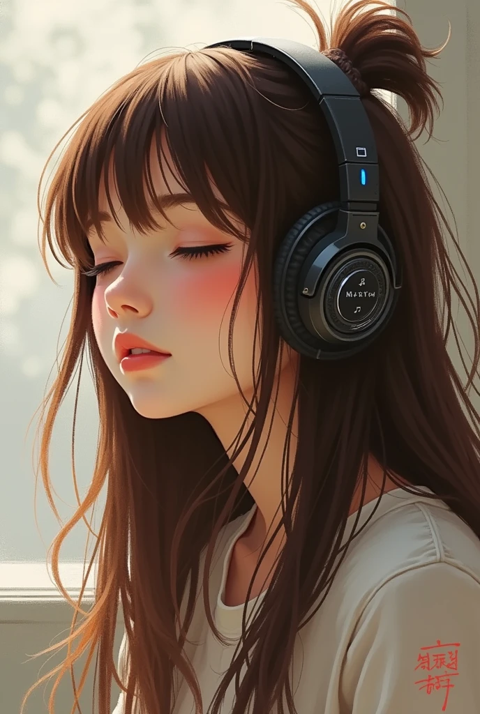 One girl, solo, High resolution, Simple Background, Close your mouth, Impressionism, masterpiece, headphone、Listening to music、Brown Hair, Ahoge, 