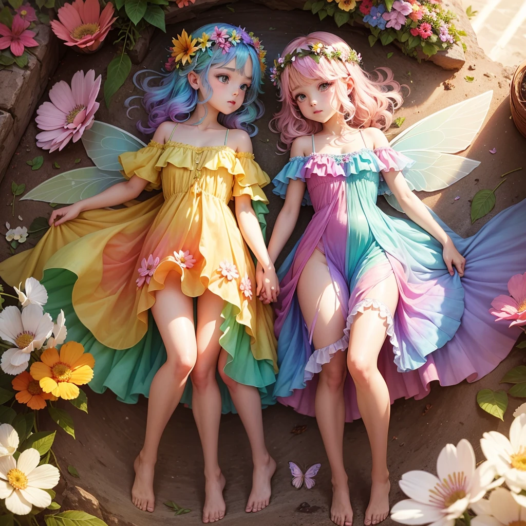 cute little fairy rainbow hair rainbow transparent wings flowers leaves clothes made of leaves flowers flower crown big flower light sunshine big flower leaves