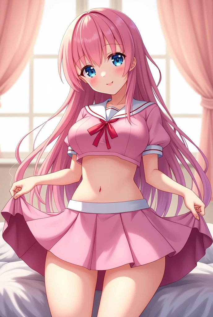 beautiful illustration、top-quality、Cute s、bedroom、A pink-haired、length hair、(((Pink pleated skirt)))、(((pink sailor suit)))、shortsleeves、huge tit、a navel、Flipping up the skirt with your hands、Show white panties、Pull up your skirt and show your panties、bare-legged、blue eyess、on the beds、lovely thighs、glowing thigh (4k)