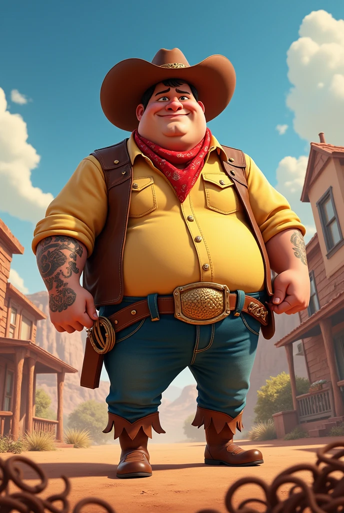 Make a poster for a Disney style movie that is a cowboy with big buttocks with the title "Shake it, hold and release, the king"
