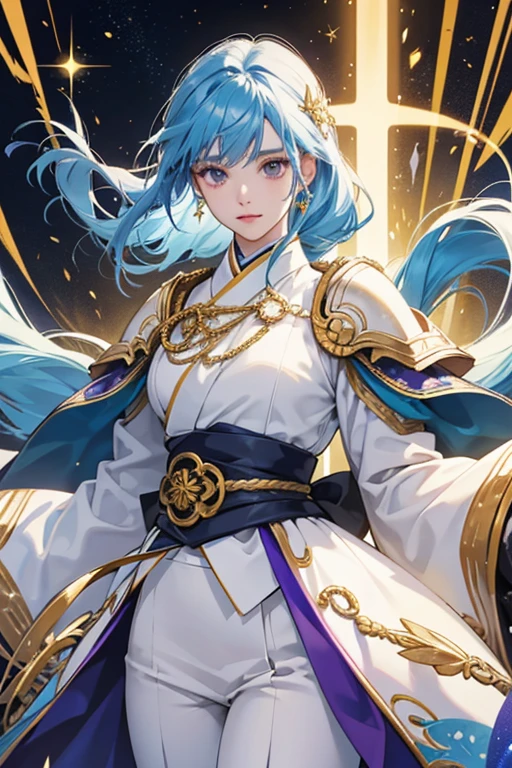 sky blue hair. her attire consists of a white collared coat with long flowing sleeves, dark blue lapels, and gold trimmings decorated with a number of embellishments worn over a light purple kimono and white pants. sHe also has black and golden armor on her right shoulder, white and purple gauntlets on both arms, short black gloves, and a large golden rope around her neck. Her Vision hangs on a thick golden rope around her waist on his right hip. SPARKLE; GLITTER