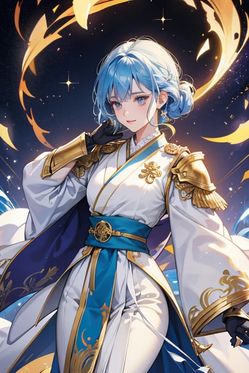 sky blue hair. her attire consists of a white collared coat with long flowing sleeves, dark blue lapels, and gold trimmings decorated with a number of embellishments worn over a light purple kimono and white pants. sHe also has black and golden armor on her right shoulder, white and purple gauntlets on both arms, short black gloves, and a large golden rope around her neck. Her Vision hangs on a thick golden rope around her waist on his right hip. SPARKLE; GLITTER