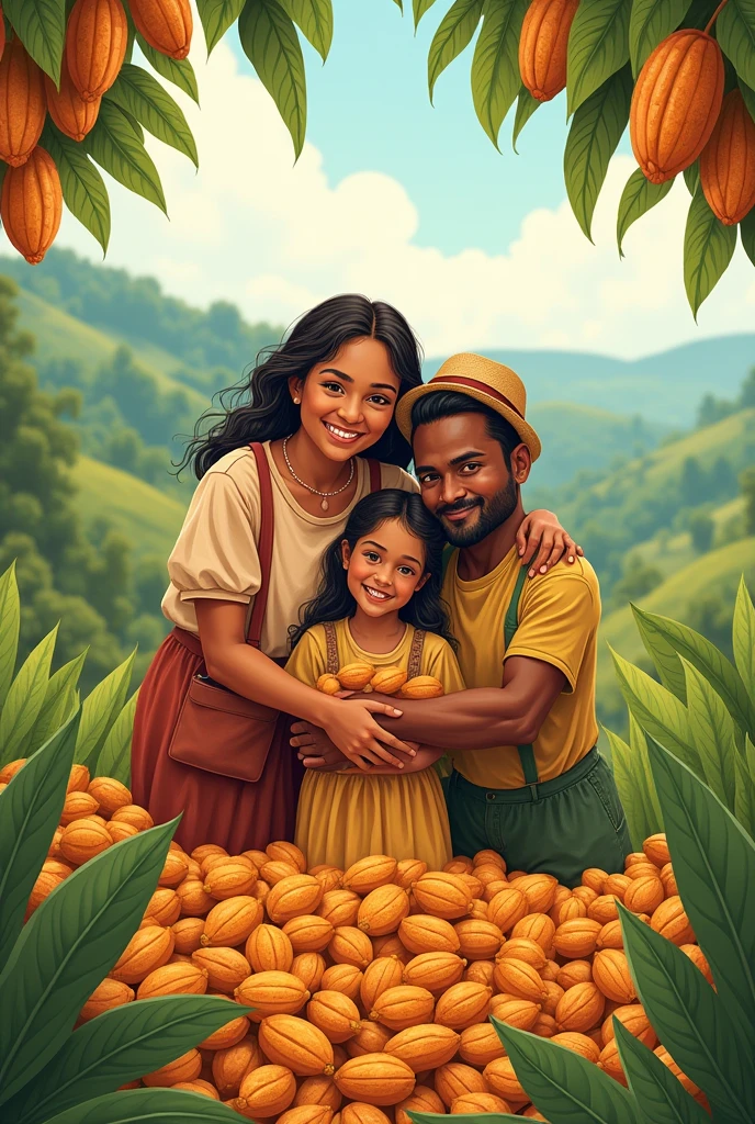 peasant family with cocoa fruits and happy, tender drawing