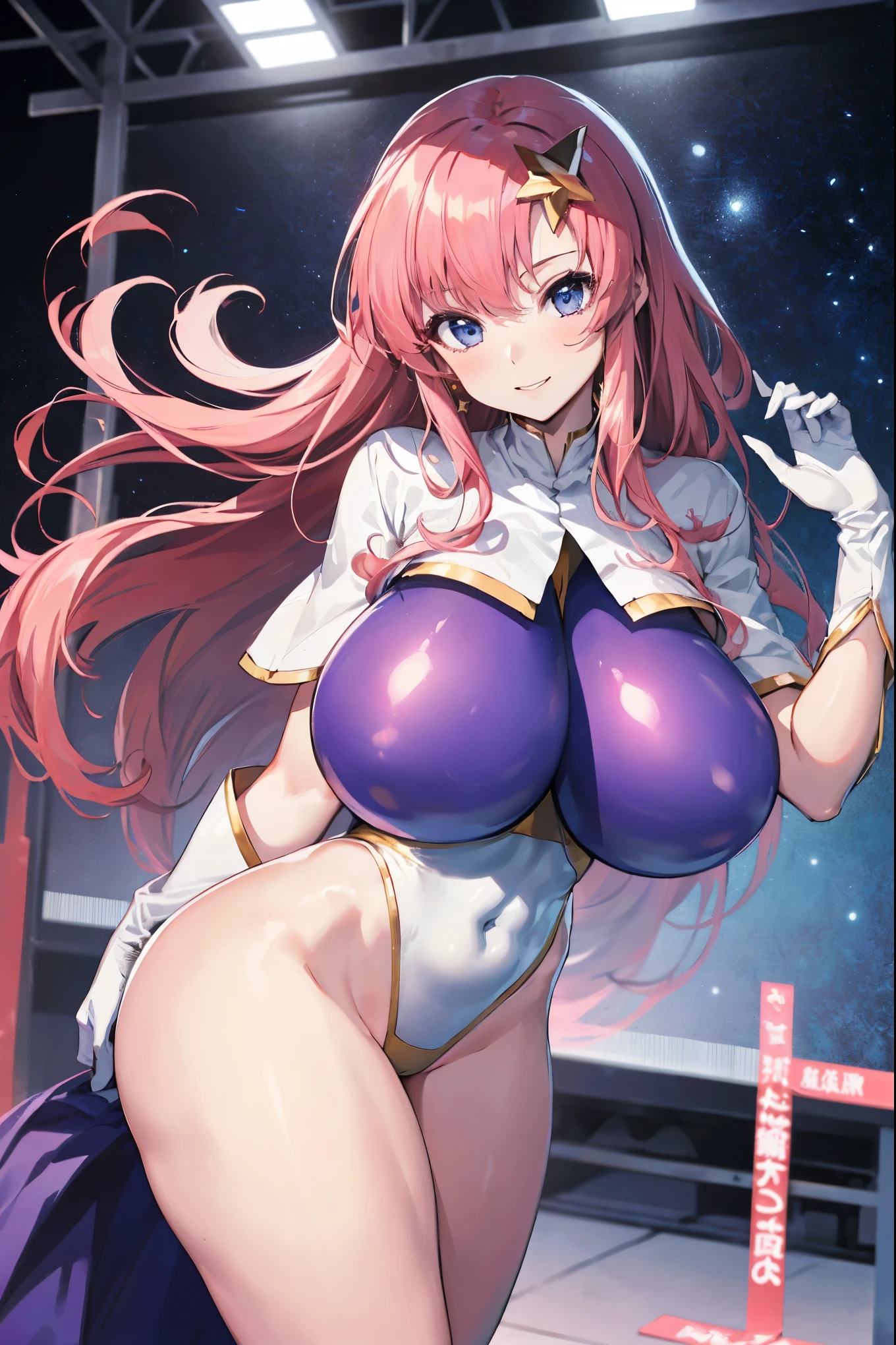 (masterpiece)、(Highest image quality)、(Super detailed)、(extremely detailed)、4K、(8K)、Highest image quality、(beautiful)、
more campbell, 1 _girl, star hair ornaments, hair ornaments, pink hair, long hair, gloves, Leotard Purple leotard, white leotard, leotard that bites、(gigantic_tits:1.2)、thick thighs、,light smile、dynamic pose、gravure、dynamic angle、noise removal、emphasis on crotch、chest enhancement,open_legs