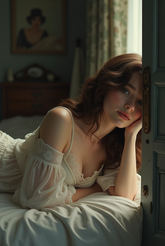 BROWN-HAIRED WOMAN LYING ON THE BED LOOKING THROUGH THE CRACK IN HER DOOR. SHE IS WEARING PAJAMAS WITH A LACE NIGHTGOWN. The atmosphere is old and chic