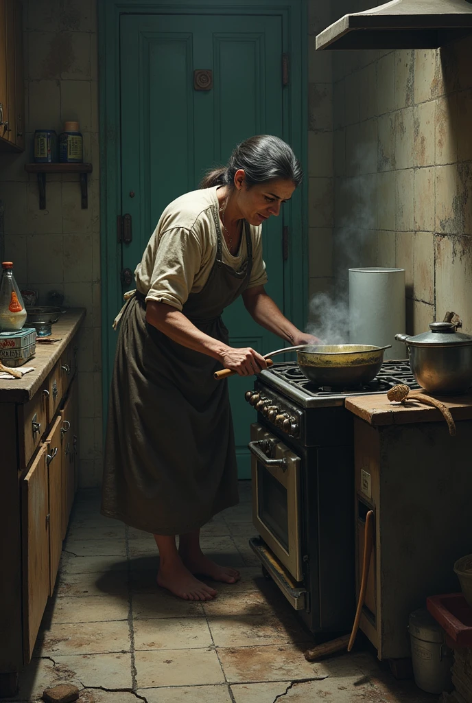 Poor lady making food in bad kitchen