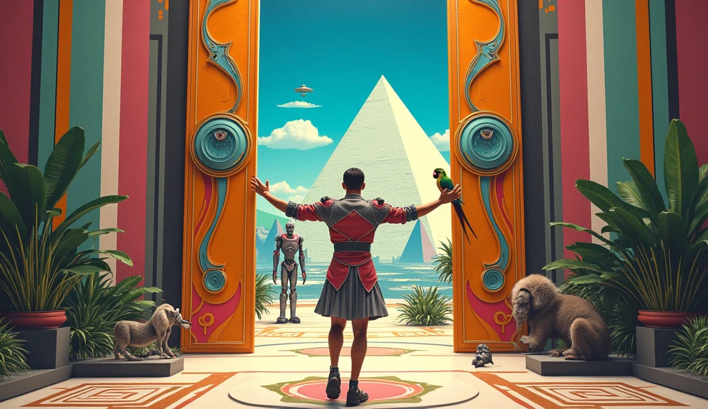 Un homme avec des vêtements futuristes pousse des deux mains des portes futuristes avec des figures géométriques de couleurs différentes sur la porte et devant lui une pyramide avec de l'herbe et des animaux ,le tout ressemblent à la peinture que j'ai publié et un robot et à côté devant une des portes et le personnage caucasien avec un Péroqué sur l'épaule et un aspect baroque est légèrement ajouté une soucoupe volante est ajouté et un extra terrestre petit gris.