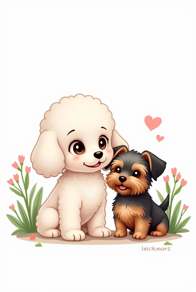 Prompt for illustration:

    styled: Chibi Characters:
        Little puppies:
            White Poodle with Dark Brown Eyes.
            Yorkshire with short, bristly hair and erect ears. Brown fur with some black and gray. She is a little smaller than the poodle.
    Scenario: White background with subtle nature elements, like green leaves, small shrubs and maybe some flowers.