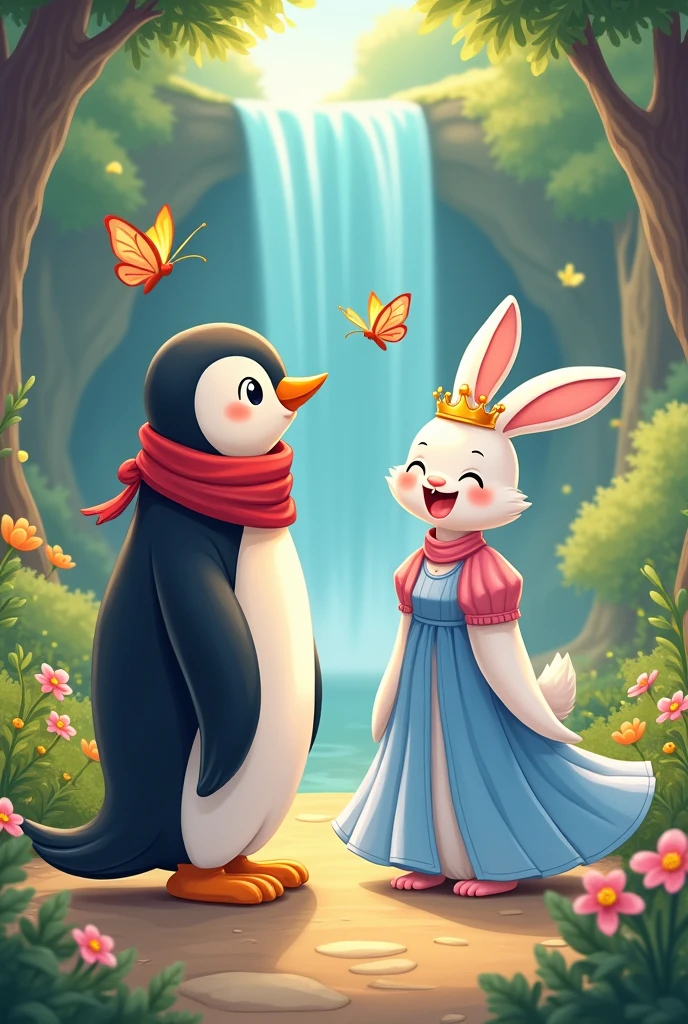 A tall cute penguin with read scarf in his neck. Penguin is with a tall white female rabbit. Female rabbit is white and wearing a gown of blue and pink shades and have a crown tiara on her head. Female rabbit is beautiful and is smiling. Penguin is looking at the rabbit and talking excitedly and the rabbit is laughing. In the background there should be a waterfall and trees and flowers. 2 butterflies fluttering. Cartoon illustration, fairytale background