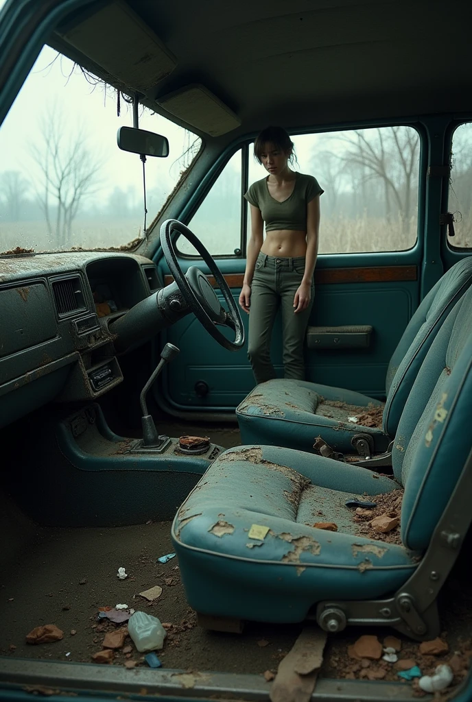 Make a picture of the inside of a car where the seats are completely broken and next to it there is a worried or sad person. 
