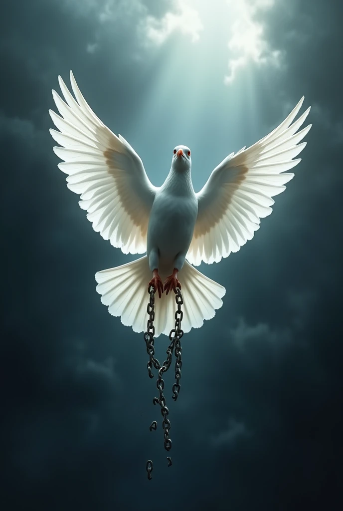 A white dove from above with 2 open wings and with broken chains