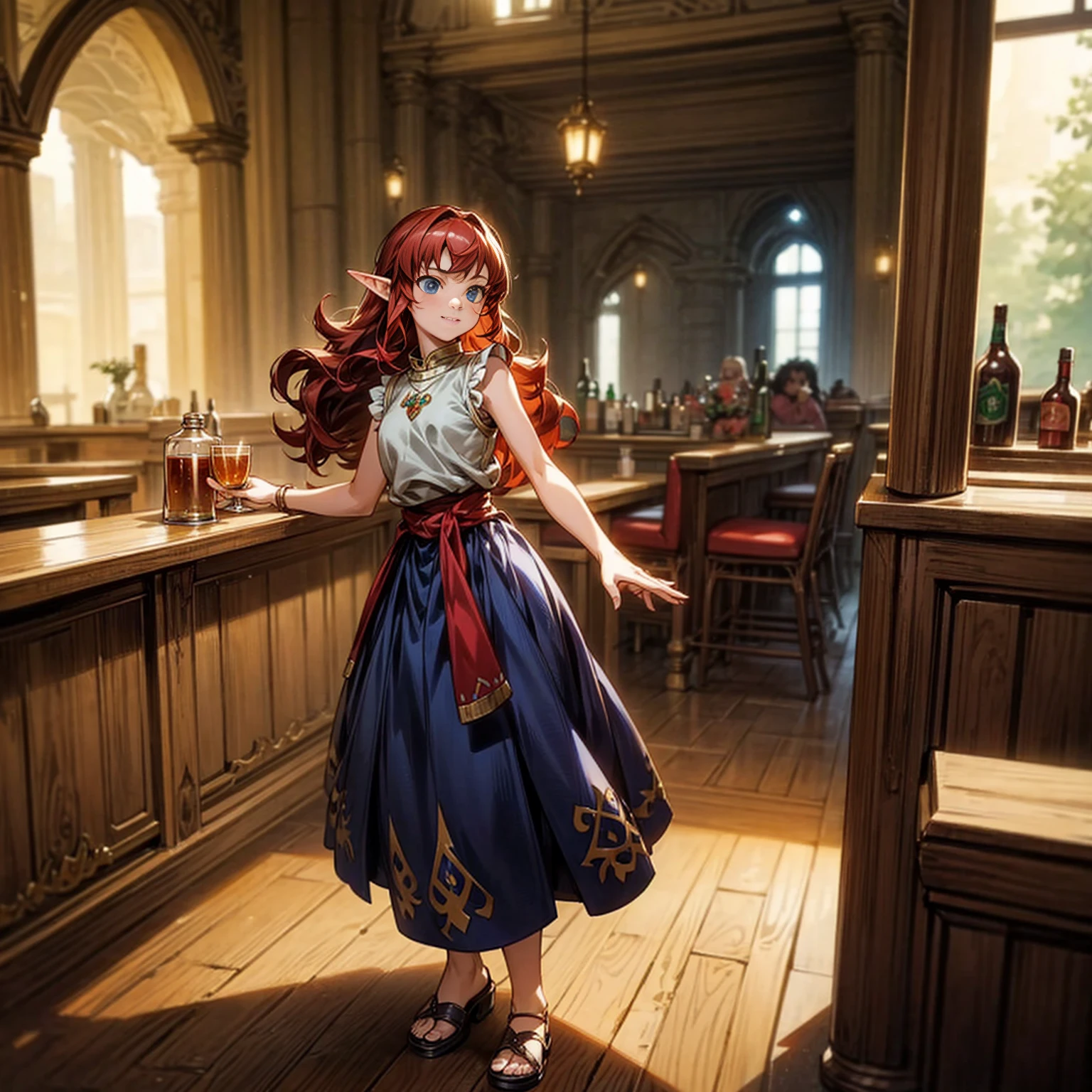 Solo character, full body version, kid girl, (elf), blue eyes, red color hair, long Curly hair, sleeveless t-shirt , long skirt, sandals, indoor, bar, village, medieval, standing gesture, detailed background, detailed clothing, detailed hair, (Makoto shinkai style art), happy eyes 