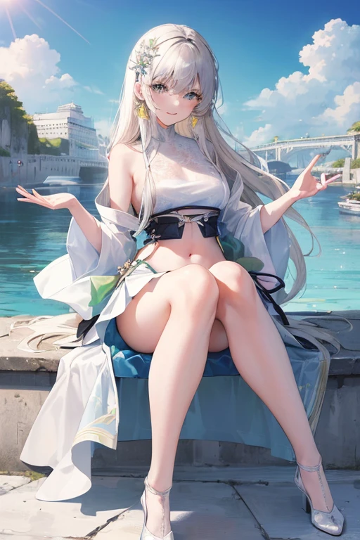 Official Art, masterpiece, Clear focus, (beautiful, Beautiful and lovely Korean woman:1.3), (Beautiful and cute Korean:1.3), Korean beauty, 精致beautiful头发、Eyes and face, Practical, Extremely detailed, beautiful女孩, Blue sky, Glowing white particles, (Side Light:1.2), Sunlight, White Cloud, Detailed clouds, Slim, Such a cute big ass, Smile with teeth bared, ((Smile with your eyes, Open your eyes)), landscape, Long straight hair, Sexy facial expressions, architecture, (城市landscape:1.7), Dynamic Hair, very Long straight hair, Delicate platinum-blonde hair, Green Eyes, Pink skirt, Black socks, Pale skin, Hair accessories, epic landscape,,White high heels,beautiful buttocks,There's nothing under the skirt.,Short skirt