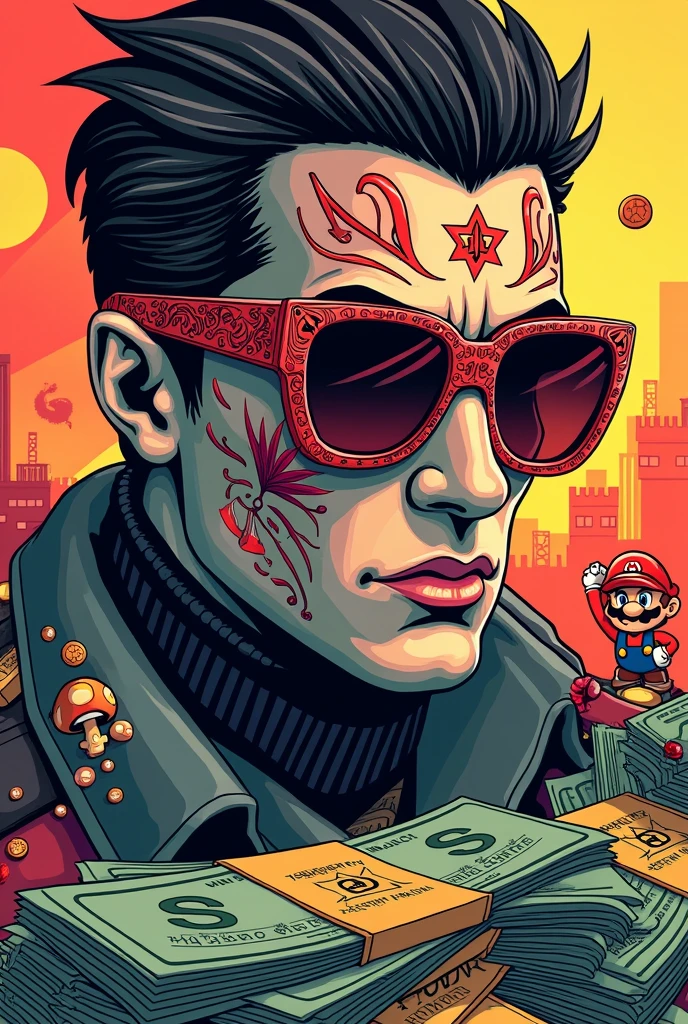 Tattoo glasses and designs, cash, Mario games
