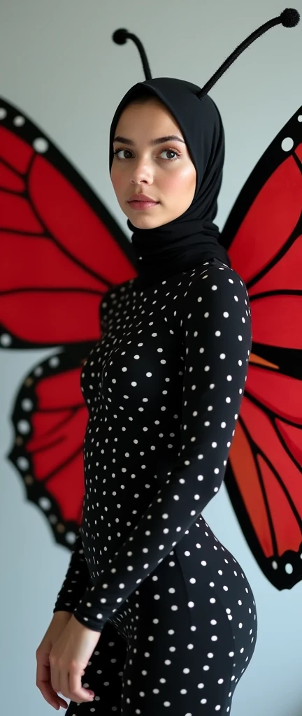 The most beautiful,thin,most pretty and clever Malaysian muslimah adult girl wears black erfly lycra turtleneck unitard catsuit covered with white polkadots with a pair of red butty wings.She always wear black butterflcra dancewear stretchy hijab covered with white polkadots with a pair of long antennae.