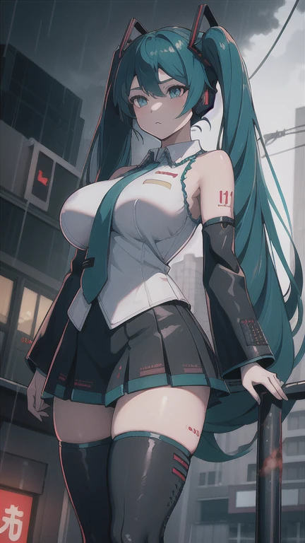 1 Japanese girl, WAR FRAME, intricate pattern, heavy metal, power lines, faceless, bright Eyes, elegant, intense, Blood red and black uniform, Alone, modern, city, streets, Dark Clouds, Storm, Heavy Rain,, dramatic lighting,, (masterpiece:1.2), Best Quality, High resolution, Beautiful detailed, extremely detailed, perfect lighting, Hatsune Miku, huge breasts