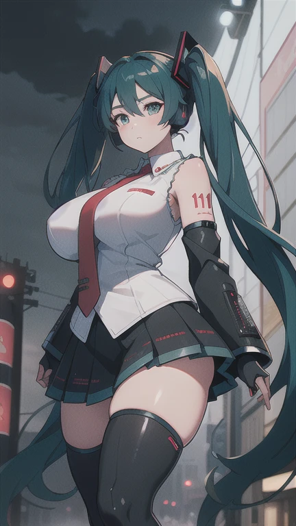 1 Japanese girl, WAR FRAME, intricate pattern, heavy metal, power lines, faceless, bright Eyes, elegant, intense, Blood red and black uniform, Alone, modern, city, streets, Dark Clouds, Storm, Heavy Rain,, dramatic lighting,, (masterpiece:1.2), Best Quality, High resolution,   Beautiful detailed, extremely detailed, perfect lighting, Hatsune Miku, huge breasts