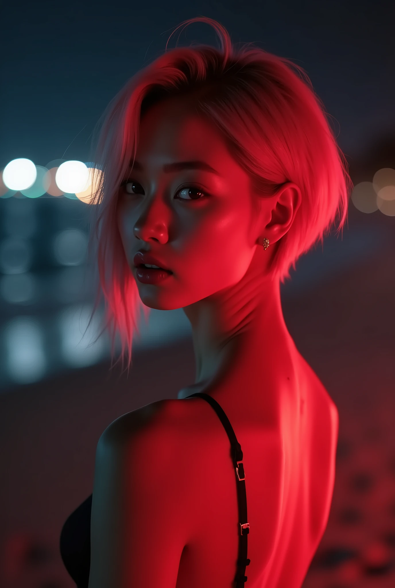 1woman, (Realisitc:1.5) korean woman, dark eyes, bright pink hair, wolfcut haircut, black bikini, high definition, realistic, at a beach , red lighting, night setting, beach, night, very realistic, 4k,