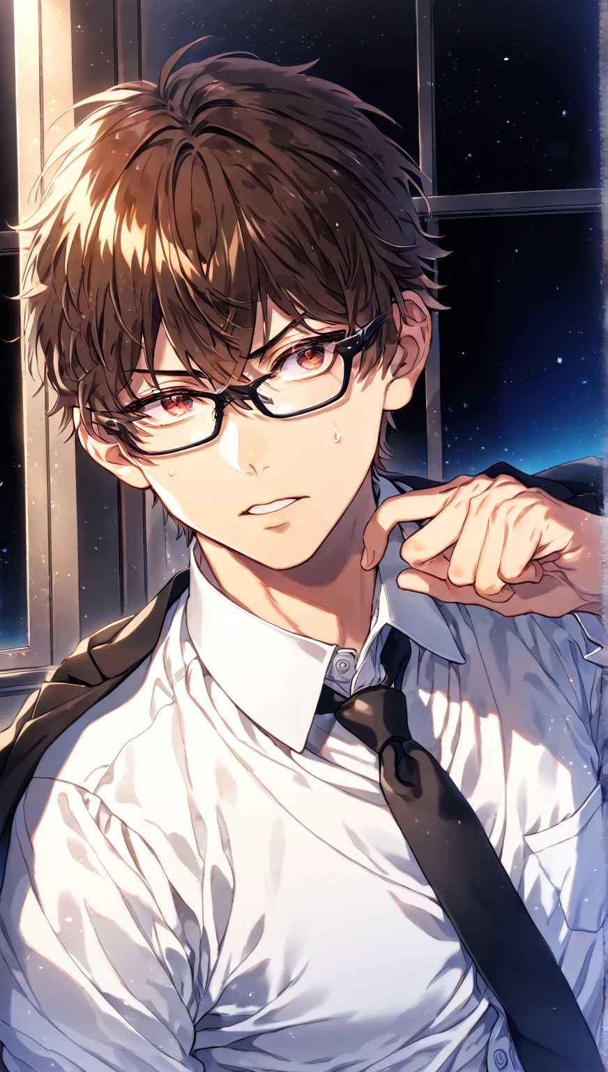 absurdres, highres, ultra detailed, HDR, master piece, Miyuki Kazuya, brown hair, expressive amber eyes, black glasses, black jacket, white shirt, black necktie, Diamond No Ace, sexy man, handsome, best quality, fantasy, magical, solo, sensual, classroom, window, curtains, blue sky, manly man,