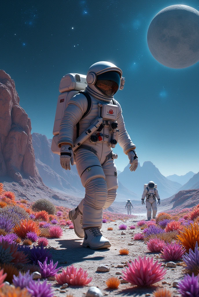 Help me upgrade to a picture. The theme is an astronaut exploring different planets.,A person works hard to explore and see different mineral veins. The sky is the night sky. The ground is full of colorful crystals, full of exploration. The unknown field continues to move forward. In the distance is the vast universe. The road is flat and the road is flat. You can also see different things in the distance. Countless unknown creatures appear on the planet