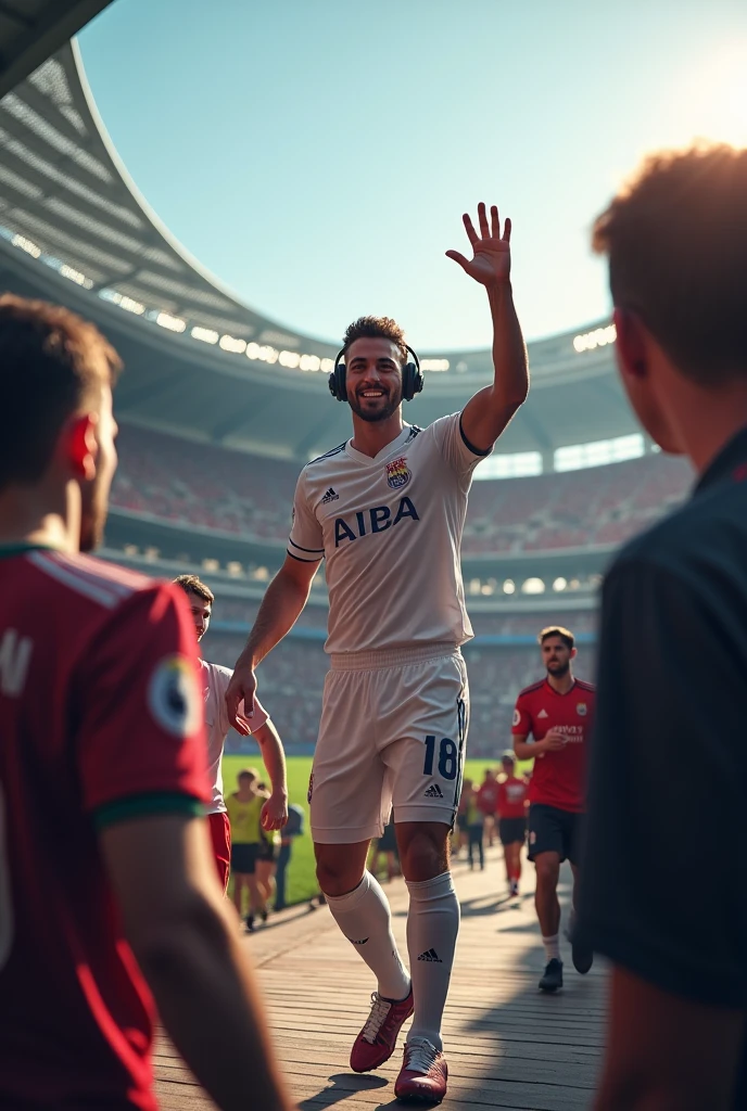 European football player, leaving the club sports bus, entering the football stadium with headphones, hand waving to a fan, sports environment 