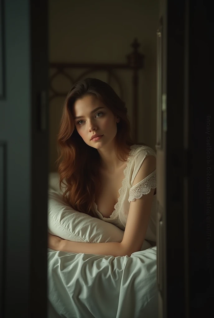BROWN-HAIRED WOMAN LYING ON THE BED LOOKING THROUGH THE CRACK IN HER DOOR. SHE IS WEARING PAJAMAS WITH A LACE NIGHTGOWN. The atmosphere is old and chic. MUST SHOW THE DOOR BEING LOOKED AT. it's night