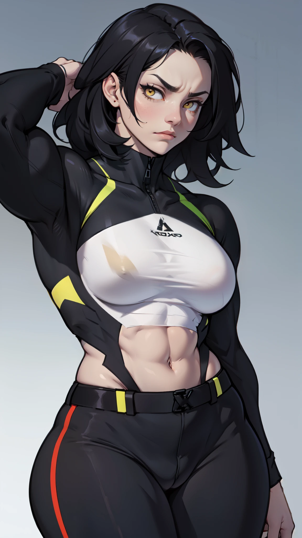 muscular girl thin waist large breasts thick pale skin black hair yellow eyes muscular girl thin waist large breasts thick muscular girl thin waist large breasts thick skintight sad expressionless