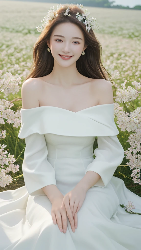 Best quality, masterpiece, ultra high res, (photorealistic:1.4), raw photo, 1girl, white dress, off shoulder, blossom flower field, glowing skin, light smile